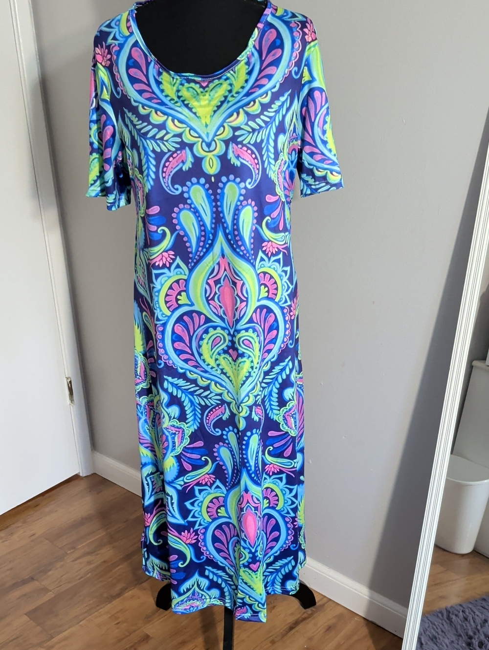 Vibrant Floral Paisley Navy Maxi Dress - Blue, Pink & Lime